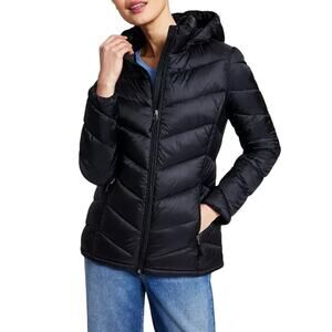 Charter Club Women's Full-Zip Packable Hooded Puffer Winter Jacket Black XL Coat